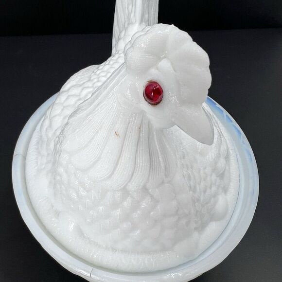 Antique Milk Glass Large Nesting Chicken Hen on Basket Covered Dish - Picture 4 of 13